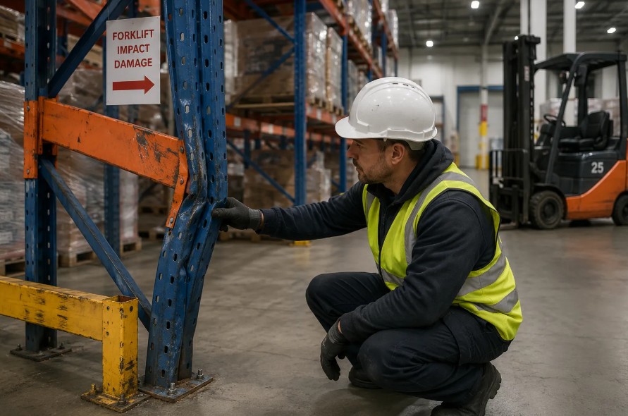 Warehouse employee inspecting damaged pallet racking in a Toronto warehouse